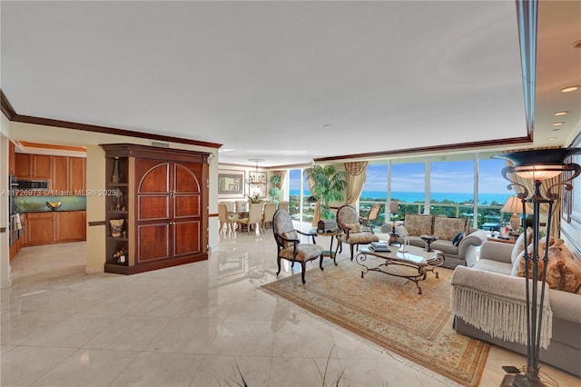 living room featuring a wealth of natural light, crown molding, and expansive windows