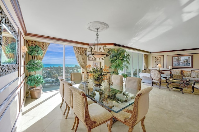 tiled dining space with a chandelier and crown molding