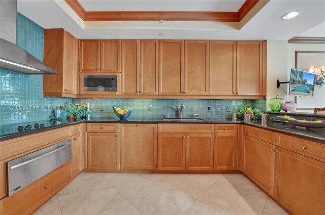 kitchen featuring stainless steel microwave, wall chimney exhaust hood, a tray ceiling, and sink