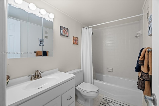 full bathroom with toilet, vanity, tile patterned flooring, and shower / bath combination with curtain