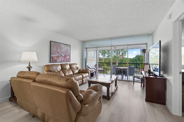 living room with light wood-type flooring and a textured ceiling