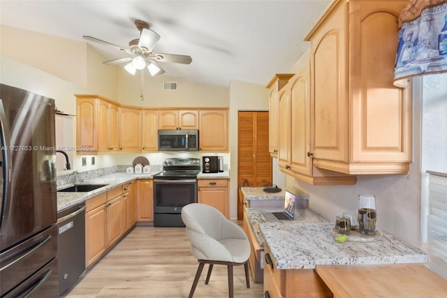 kitchen with sink, stainless steel appliances, light stone counters, and light brown cabinetry