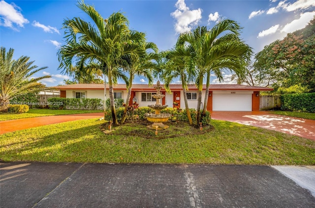 single story home with a garage and a front lawn