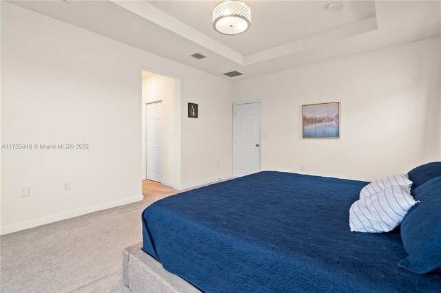 carpeted bedroom with a tray ceiling