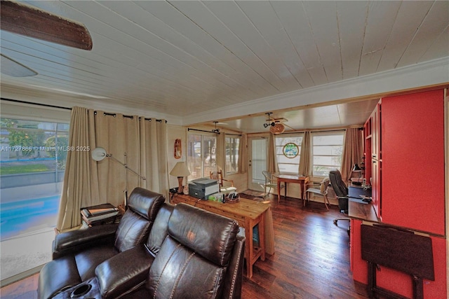 living room with ceiling fan, dark hardwood / wood-style floors, wood ceiling, and crown molding