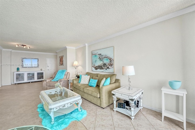 living room with light tile patterned floors, crown molding, and a textured ceiling