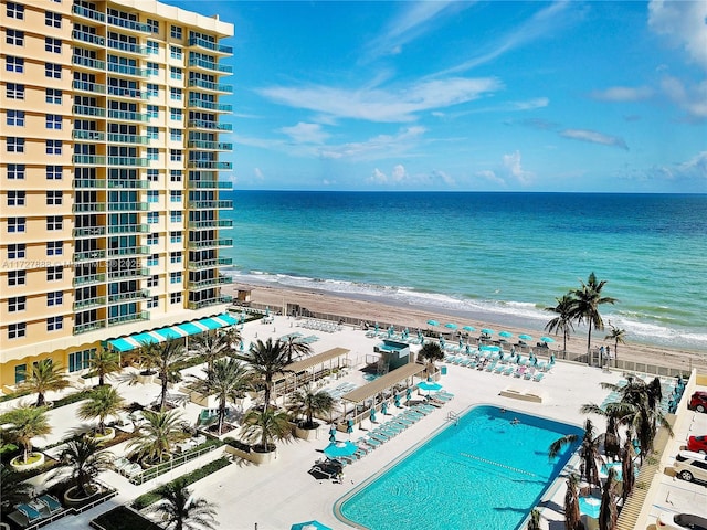 view of water feature with a beach view