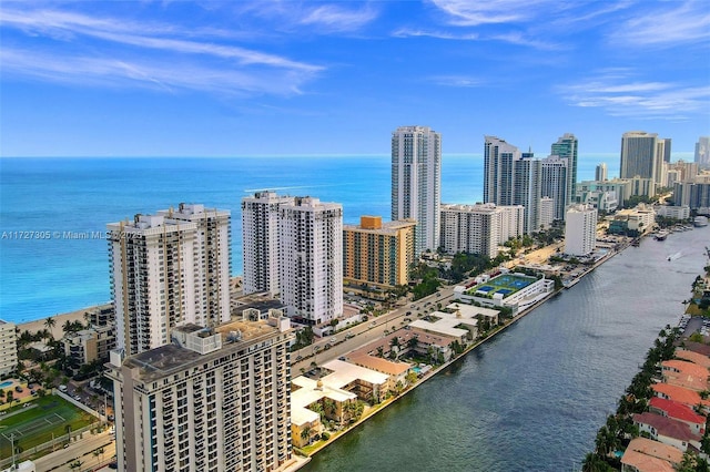 bird's eye view with a water view