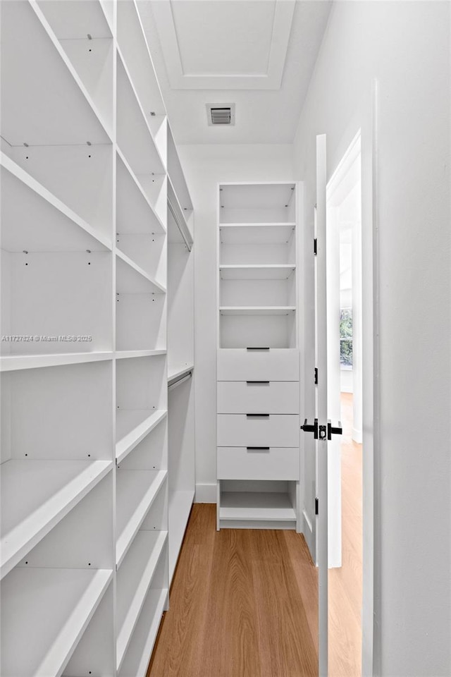 spacious closet with light hardwood / wood-style flooring