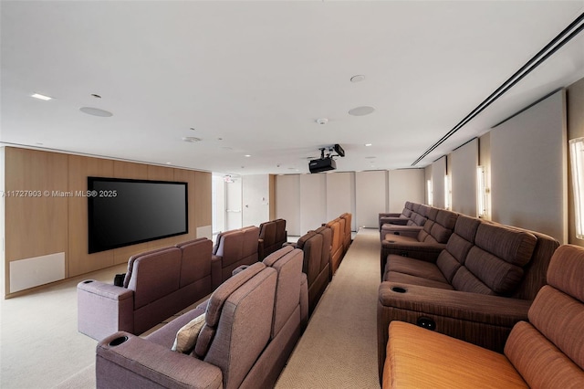 home theater room with light carpet