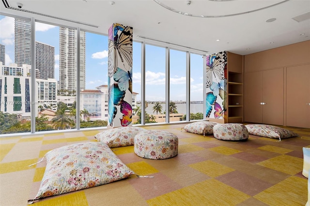 bedroom featuring carpet and expansive windows