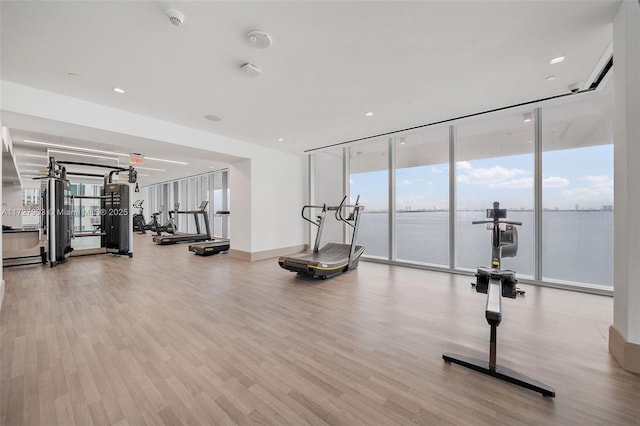 exercise room featuring expansive windows, a water view, and light wood-type flooring