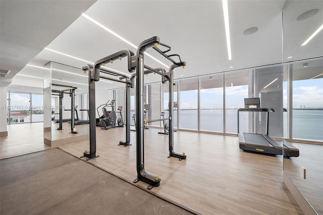 workout area with a water view, floor to ceiling windows, and hardwood / wood-style flooring