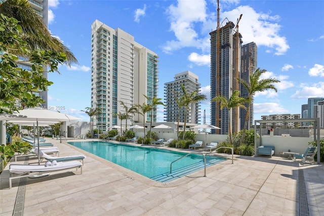 view of swimming pool with a patio