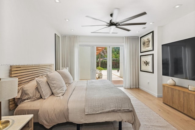 bedroom featuring access to exterior, baseboards, ceiling fan, recessed lighting, and light wood-style flooring