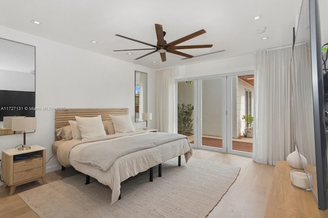 bedroom with a ceiling fan, access to exterior, recessed lighting, and light wood-style floors