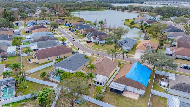 aerial view featuring a water view