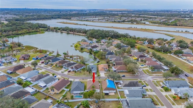 drone / aerial view featuring a water view