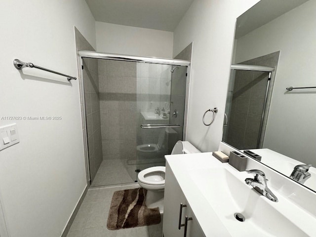 bathroom with vanity, toilet, tile patterned floors, and an enclosed shower