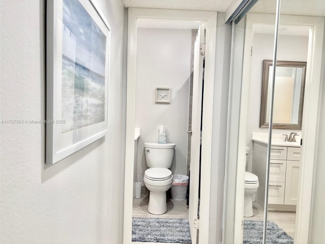 bathroom featuring hardwood / wood-style flooring, vanity, and toilet