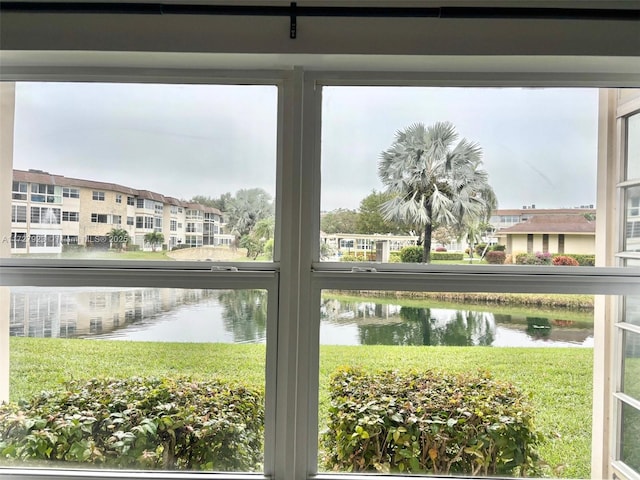 interior space with a water view