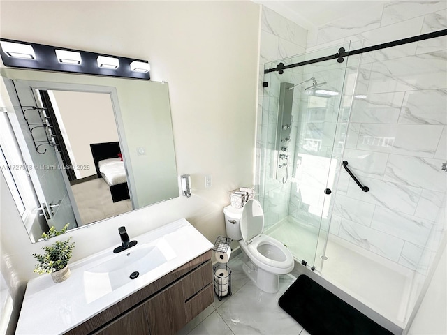 bathroom featuring walk in shower, vanity, and toilet