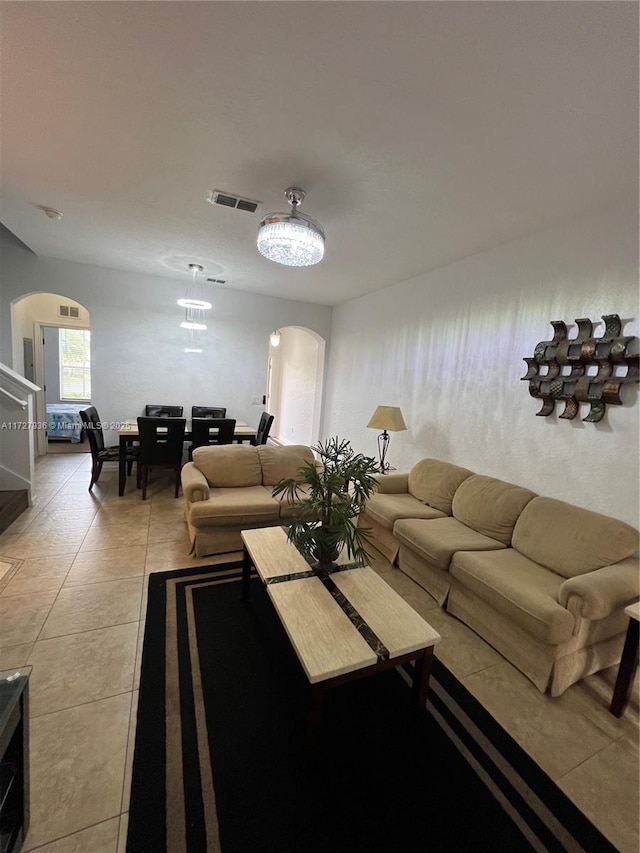 living room featuring tile patterned flooring