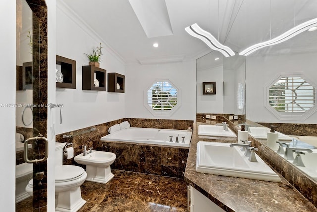 bathroom featuring tiled bath, a wealth of natural light, crown molding, and a bidet