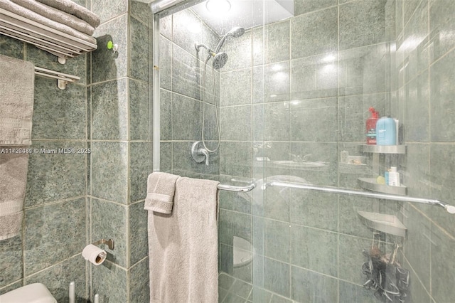 bathroom featuring a shower with shower door