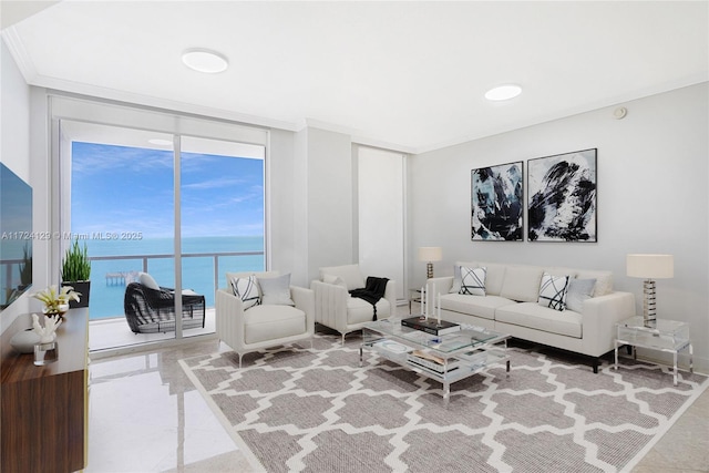 living room with ornamental molding, expansive windows, and a water view