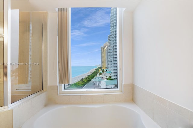 bathroom featuring a water view