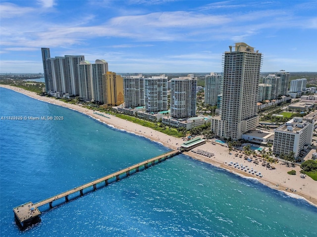 aerial view featuring a water view and a beach view