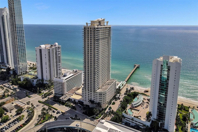 birds eye view of property featuring a water view and a beach view