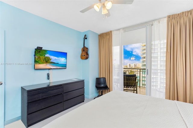 bedroom with ceiling fan and access to outside