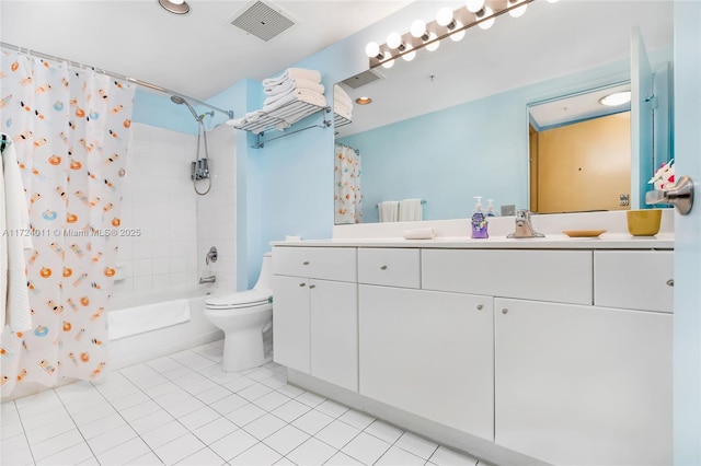 full bathroom with toilet, vanity, tile patterned floors, and shower / bathtub combination with curtain