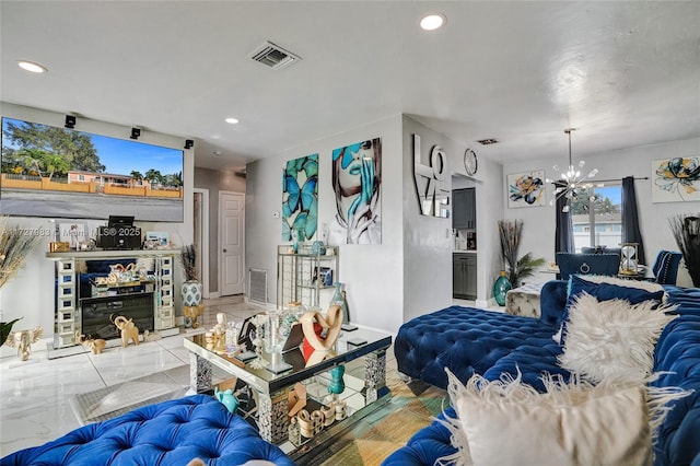 living room with a chandelier