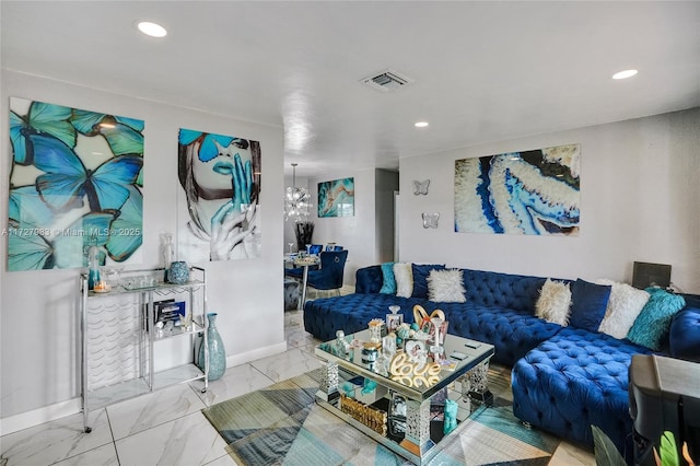 living room with a chandelier