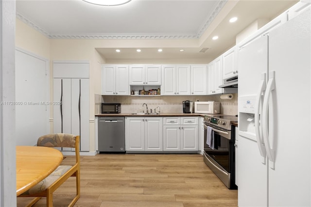 kitchen featuring white cabinetry, sink, backsplash, and stainless steel appliances