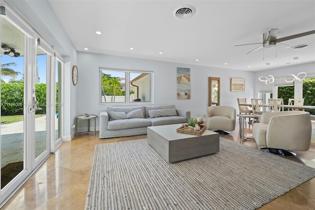 living room featuring ceiling fan