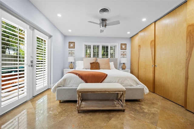 bedroom featuring ceiling fan, a closet, french doors, and access to outside