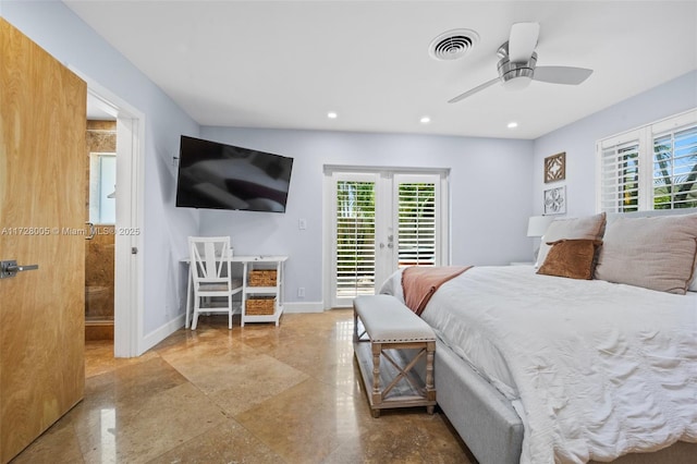 bedroom with ceiling fan, access to exterior, french doors, and multiple windows