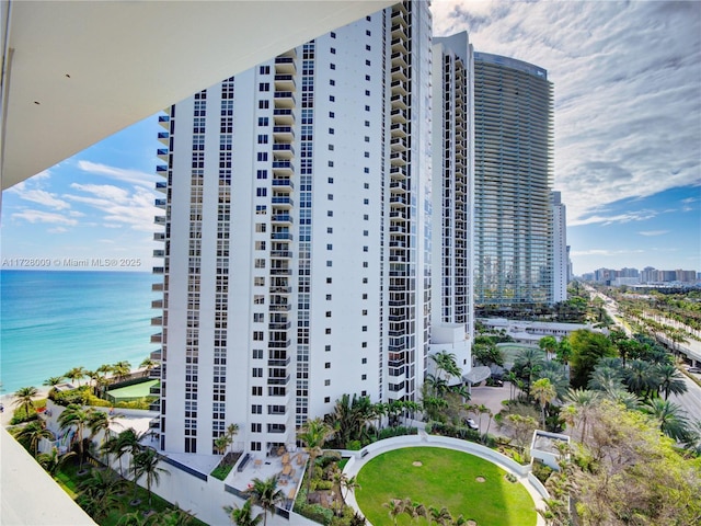 view of building exterior featuring a water view