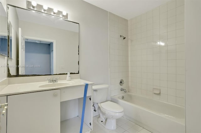 full bathroom with toilet, tile patterned flooring, tiled shower / bath combo, and vanity