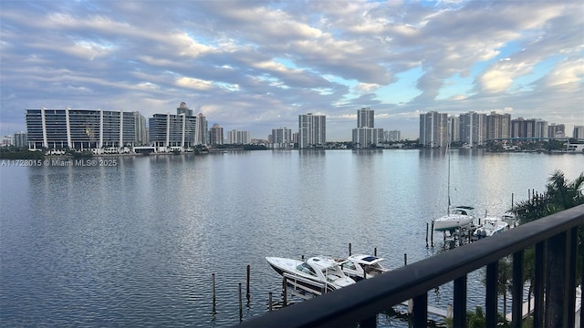 view of water feature with a dock