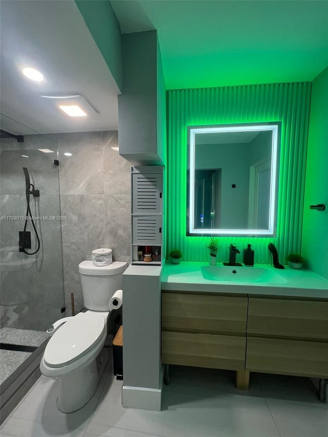 bathroom featuring radiator, tile patterned flooring, vanity, toilet, and walk in shower