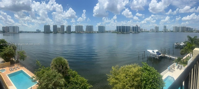 water view featuring a dock