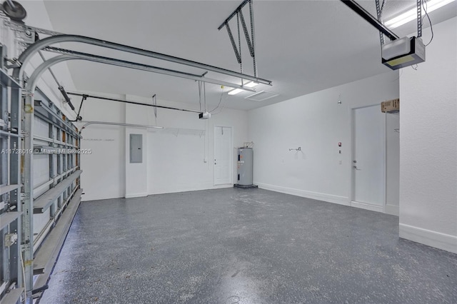 garage featuring water heater, a garage door opener, and electric panel