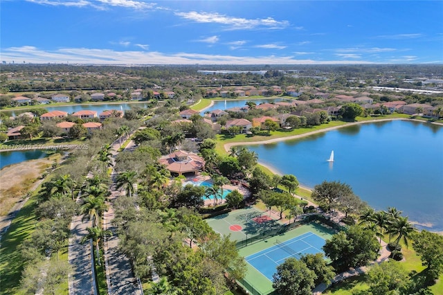 bird's eye view with a water view