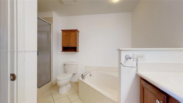 full bathroom with toilet, tile patterned flooring, shower with separate bathtub, and vanity