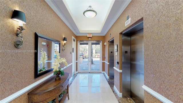 doorway to outside with light tile patterned floors, french doors, crown molding, and elevator